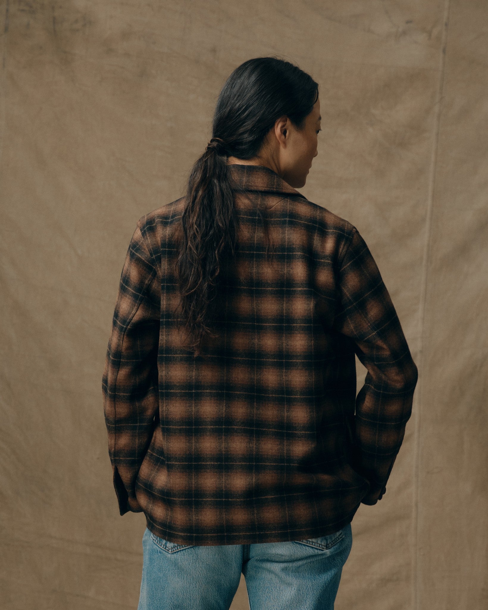 Women's Unconstructed Wool Blazer - Bronze Brown Plaid - Image 2