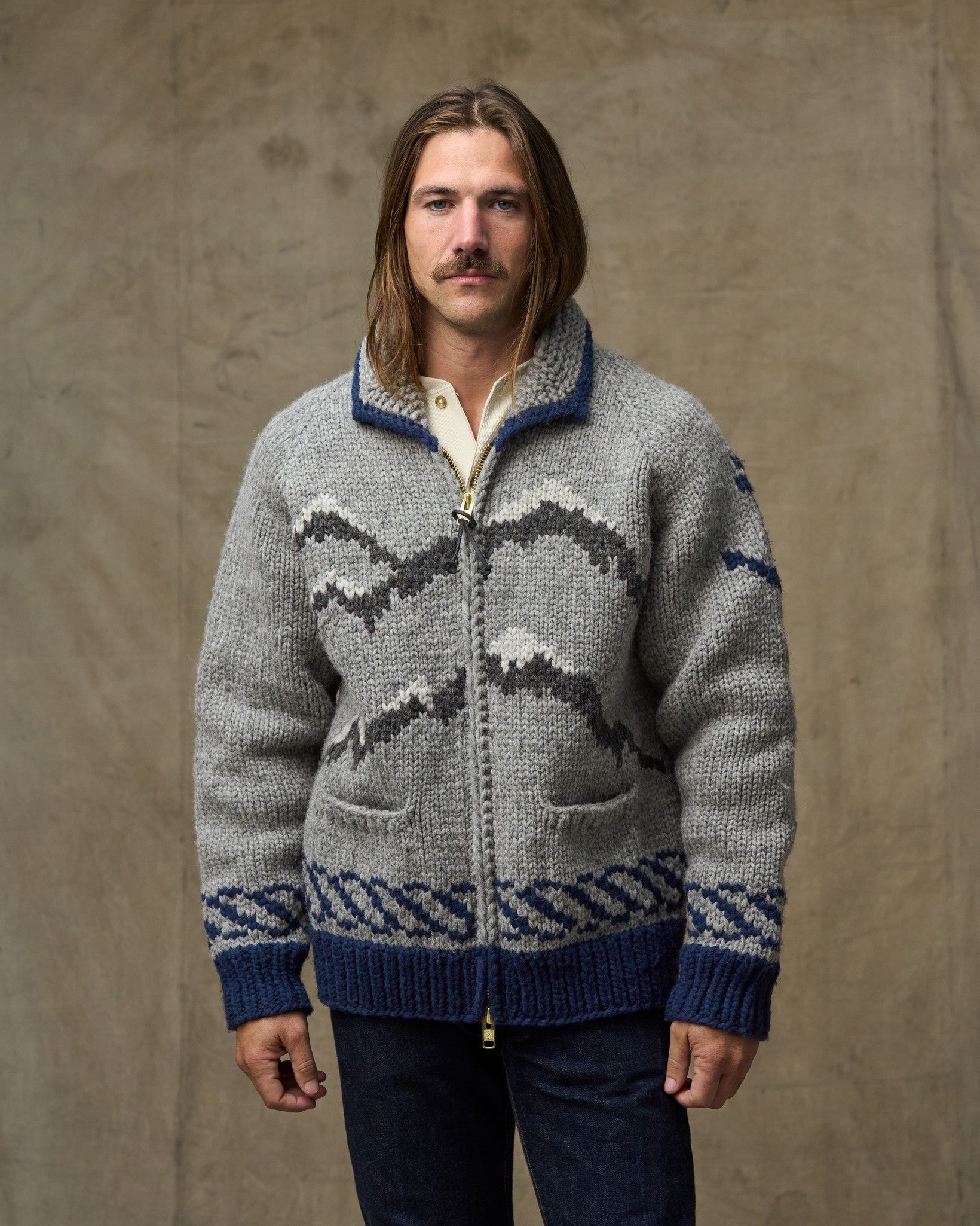 Handmade Full-zip Sweater - Heather Gray / Fishing Boat