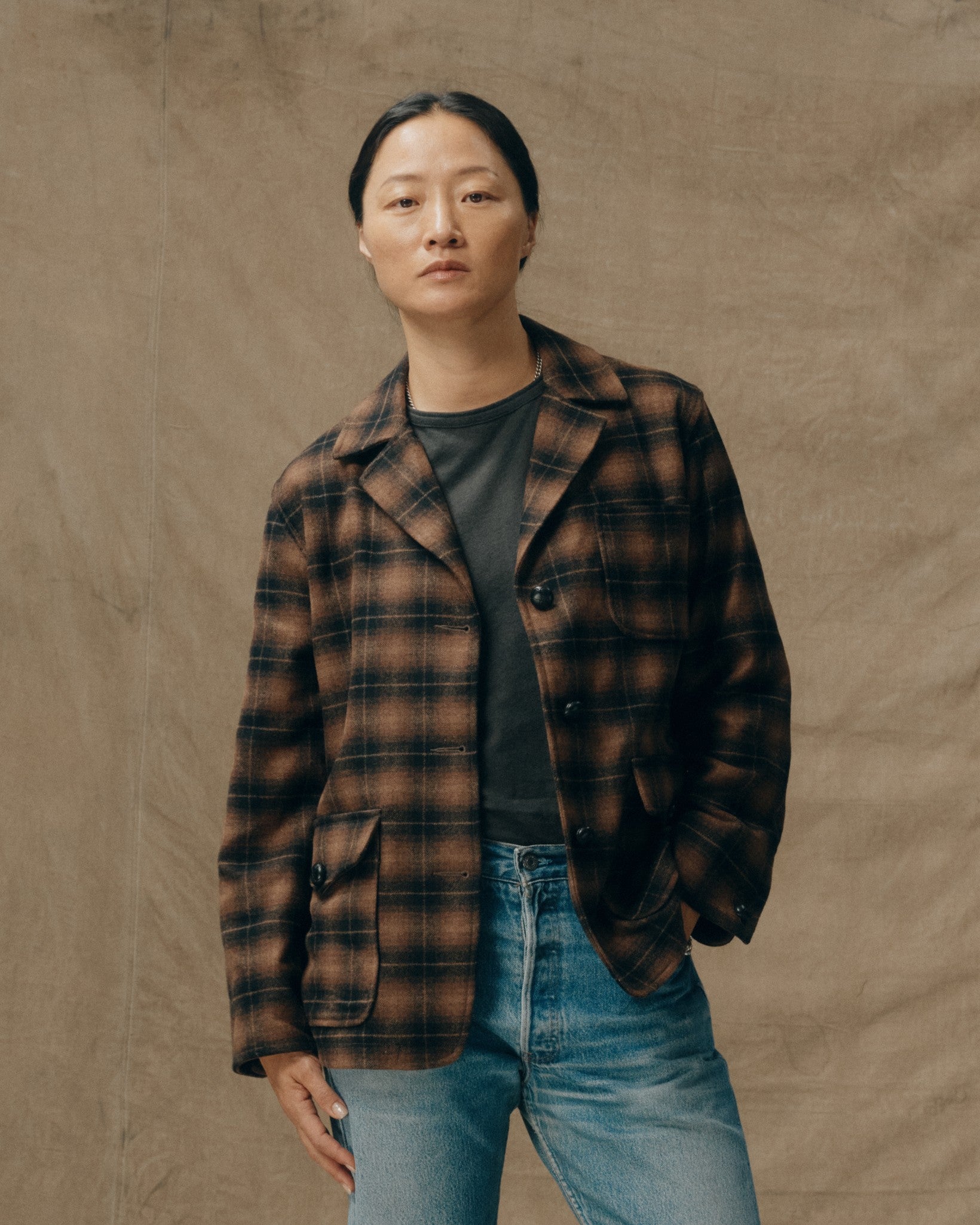 Women's Unconstructed Wool Blazer - Bronze Brown Plaid - Image 3