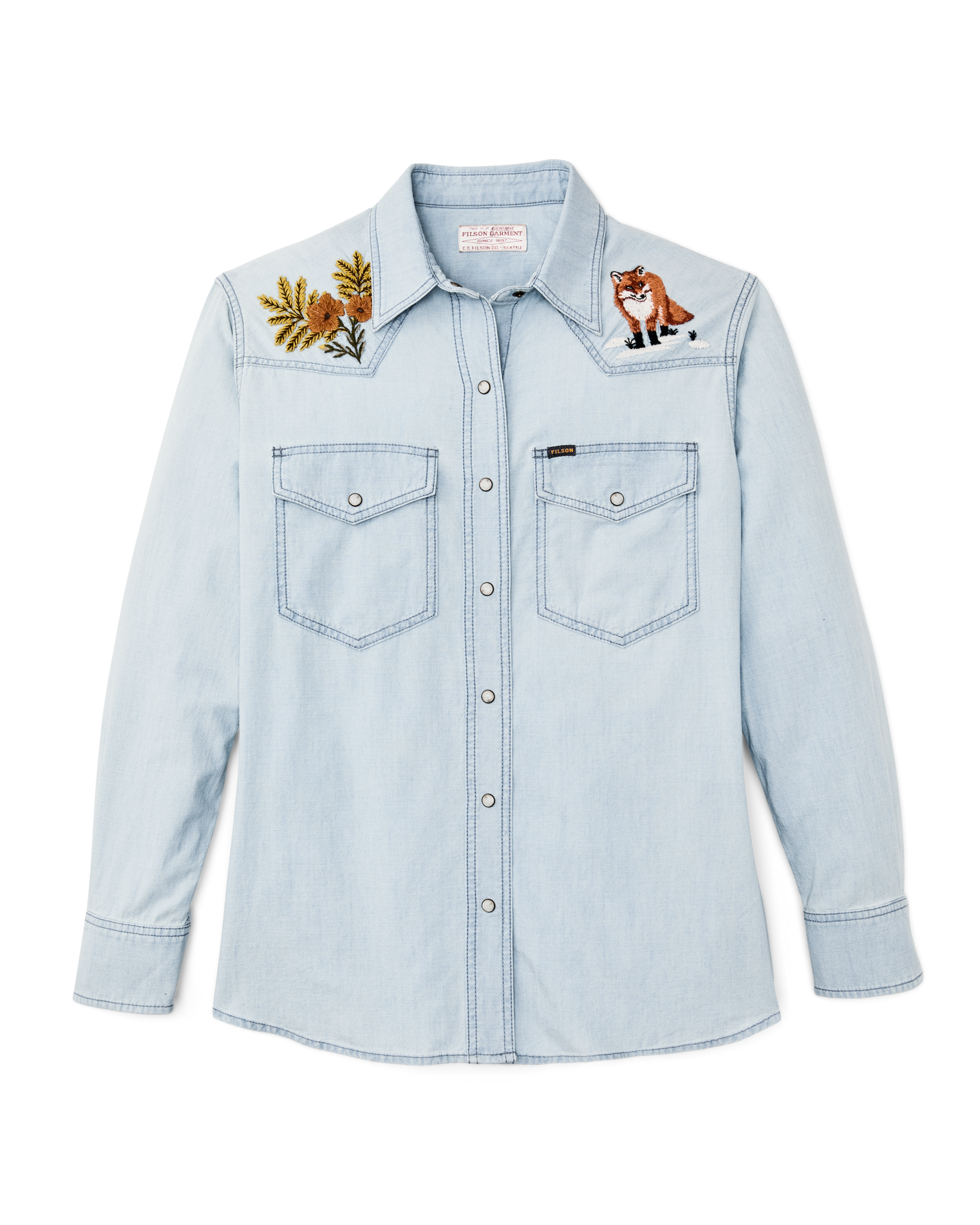 Women's Embroidered Western Shirt - Light Indigo Chambray / Fields - Image 4
