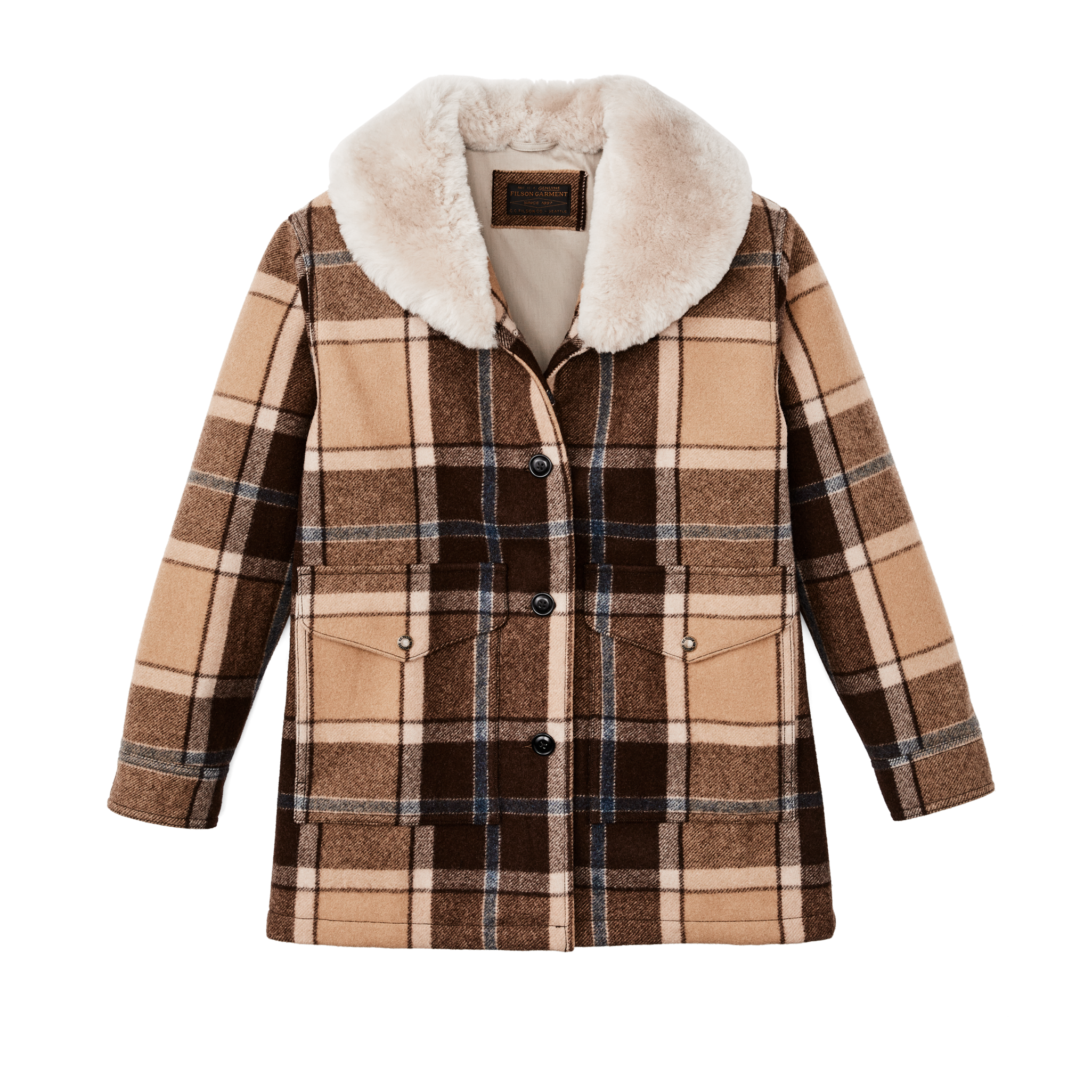Women's Lined Wool Packer Coat - Cream / Brown / Multi Plaid