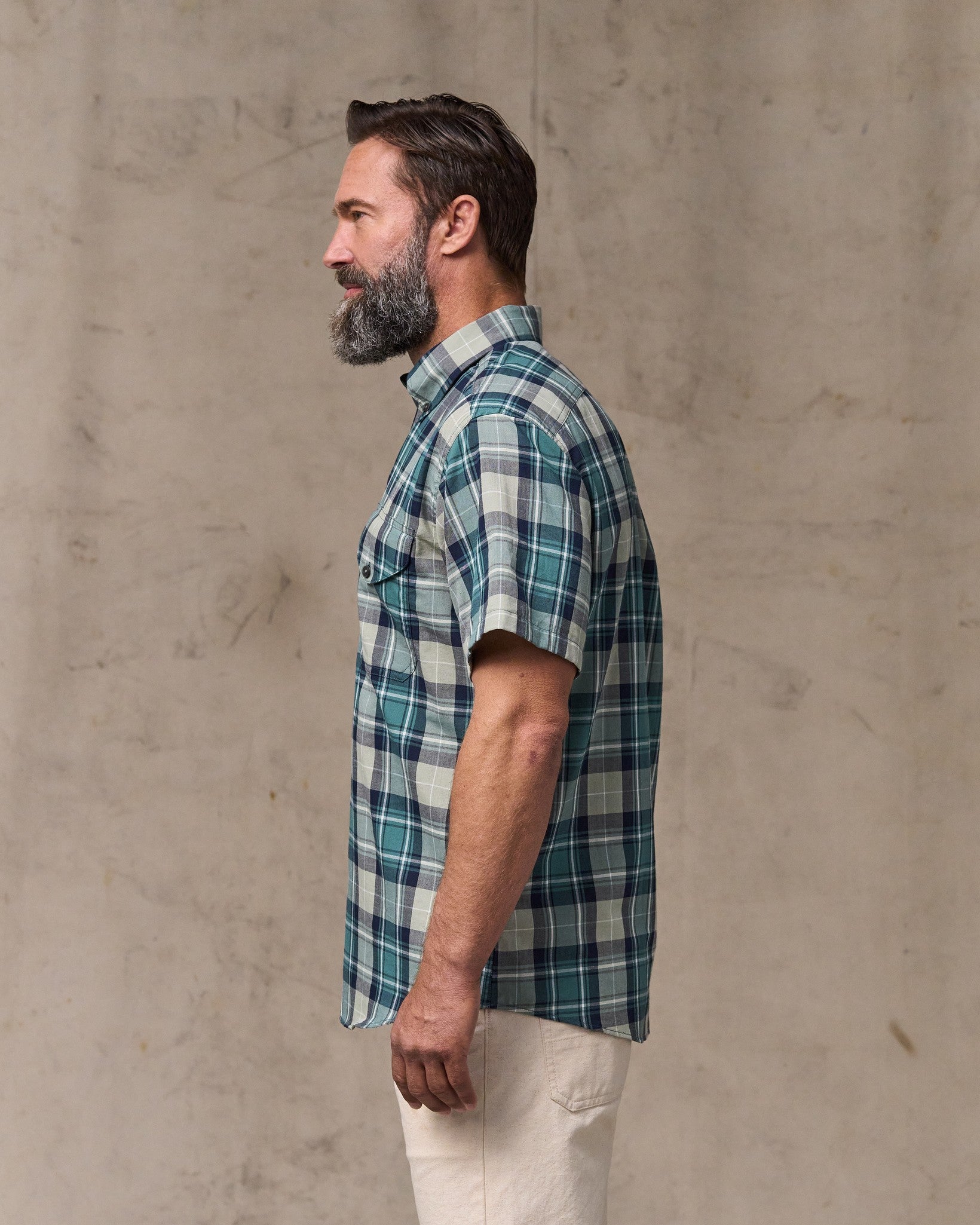 Short Sleeve Madras Popover Shirt - Gray / Teal Multicolor - Image 3