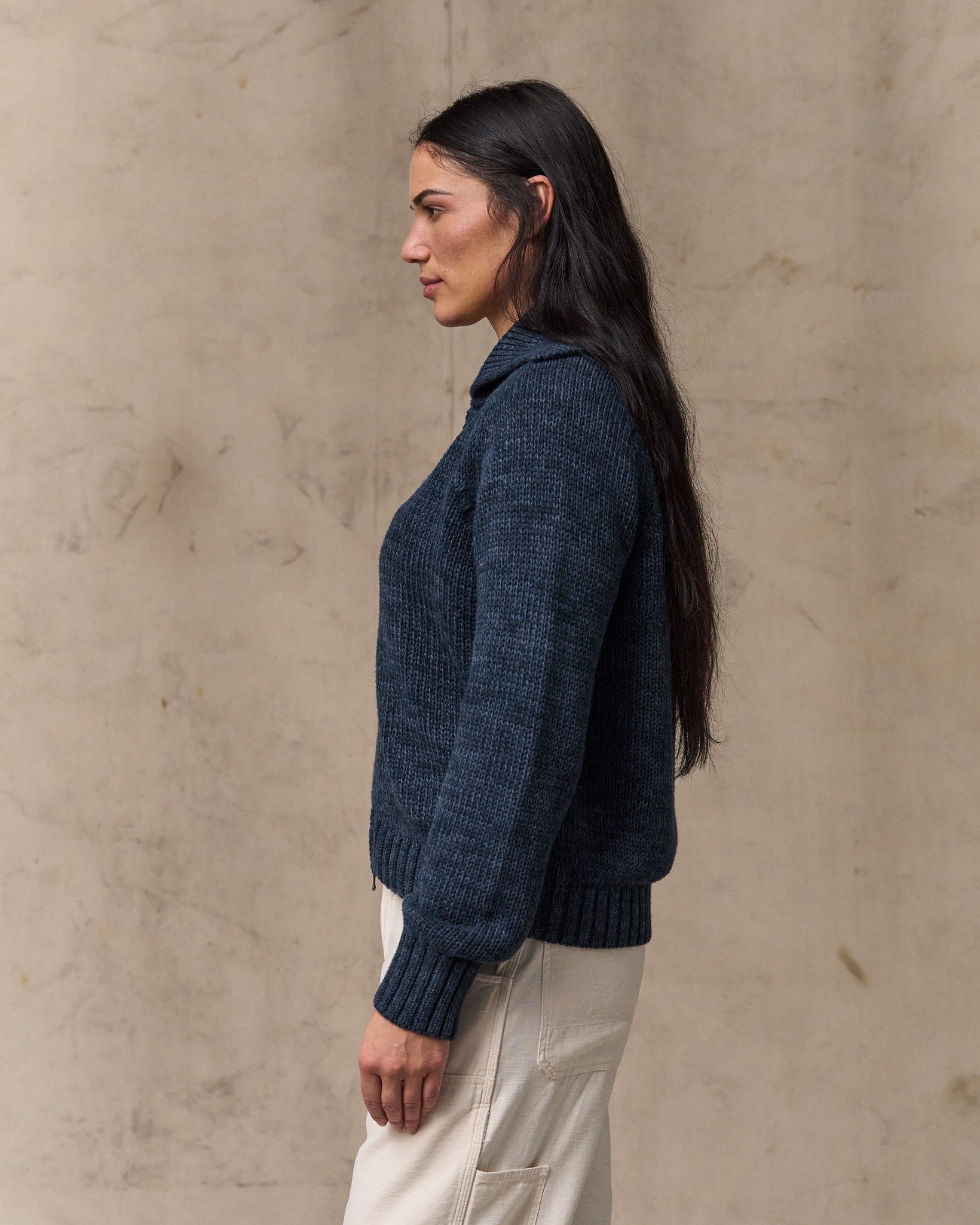Women's Cotton Full-zip Cardigan - Navy / Marl - Image 3