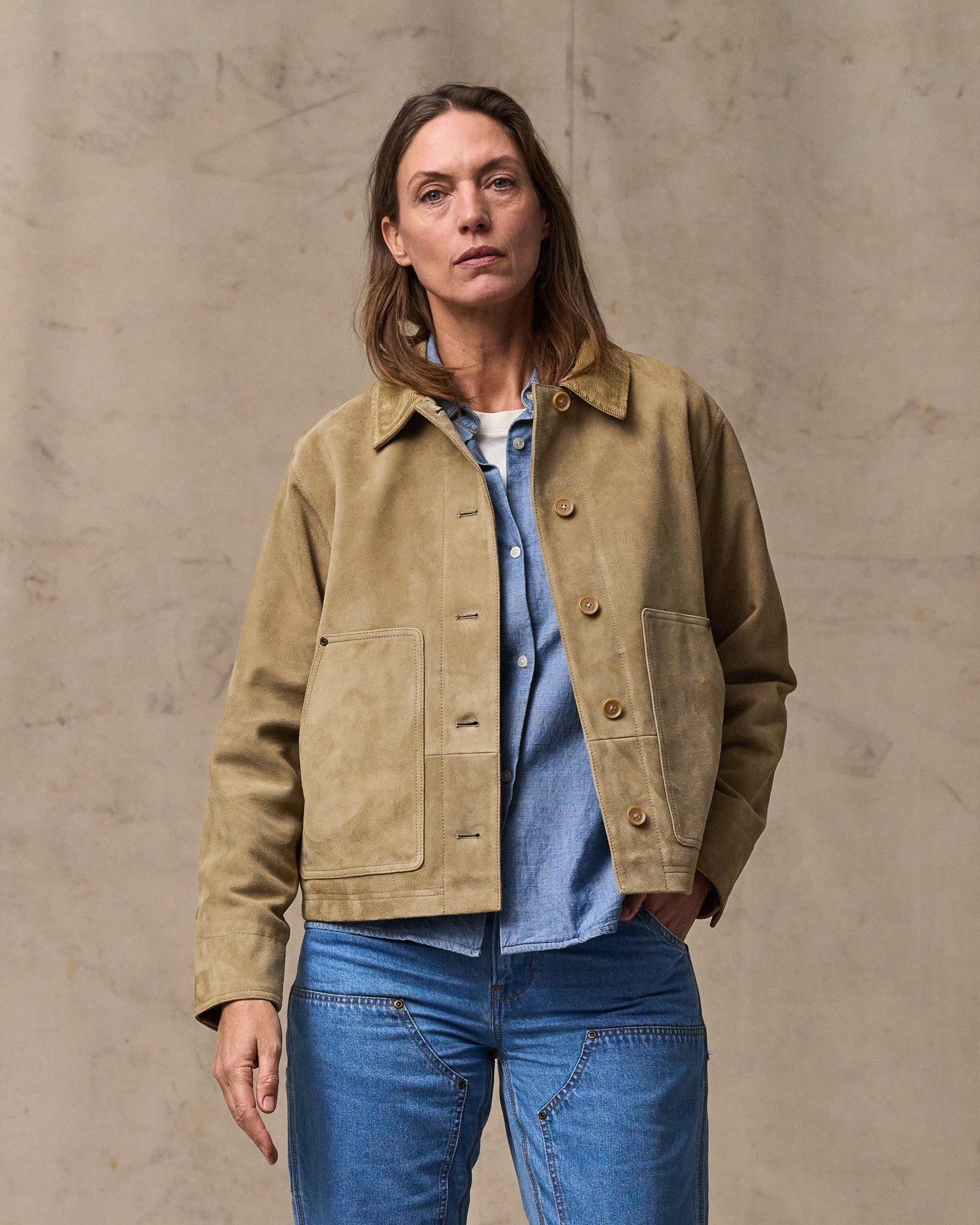 Women's Short Suede Barn Jacket - Light Gray - Image 4