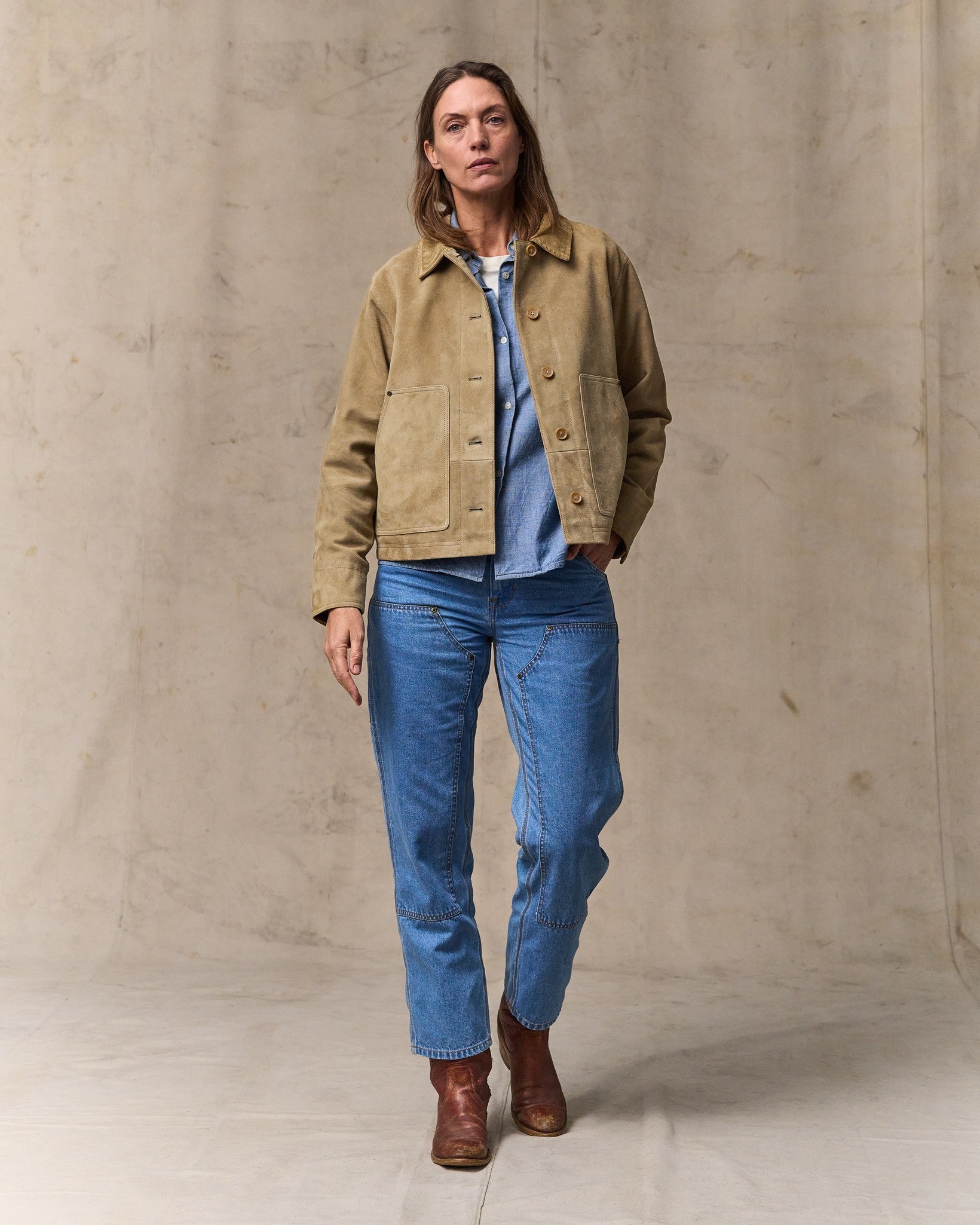 Women's Short Suede Barn Jacket - Light Gray - Image 5