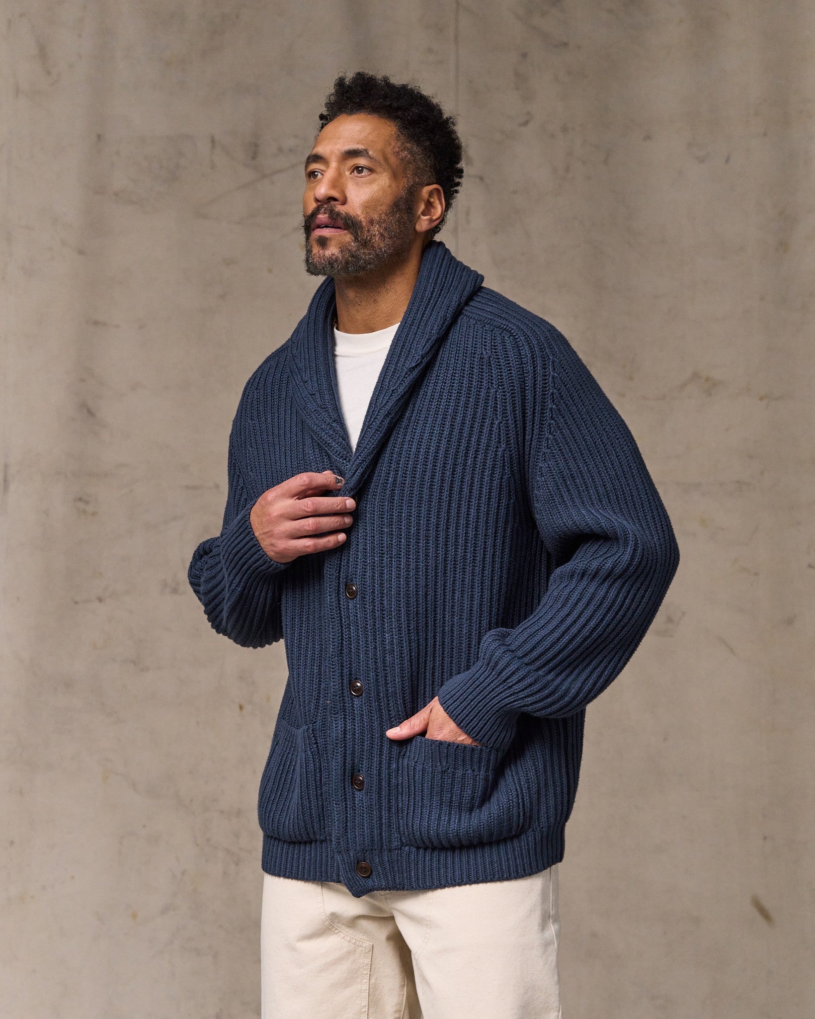 Fisherman Rib Cotton Cardigan - Navy - Image 3
