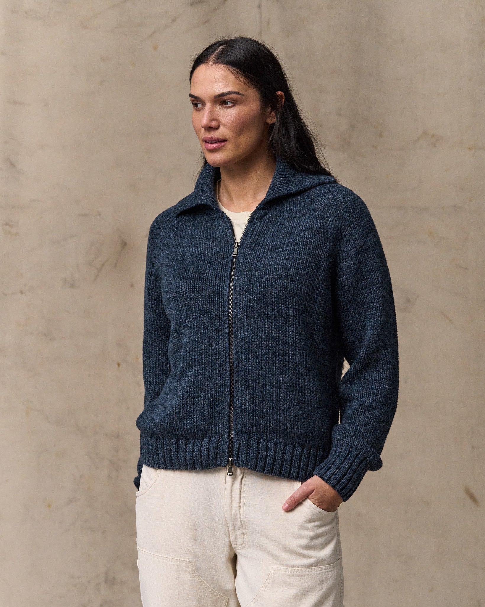 Women's Cotton Full-zip Cardigan - Navy / Marl - Image 5
