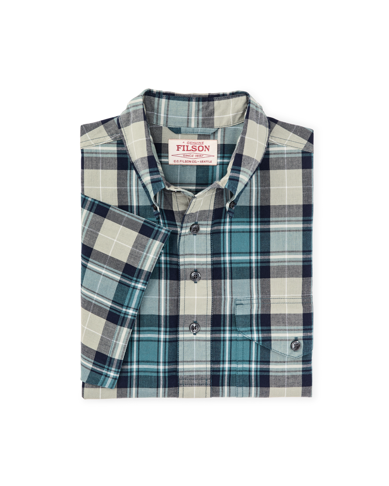 Short Sleeve Madras Popover Shirt - Gray / Teal Multicolor - Image 7
