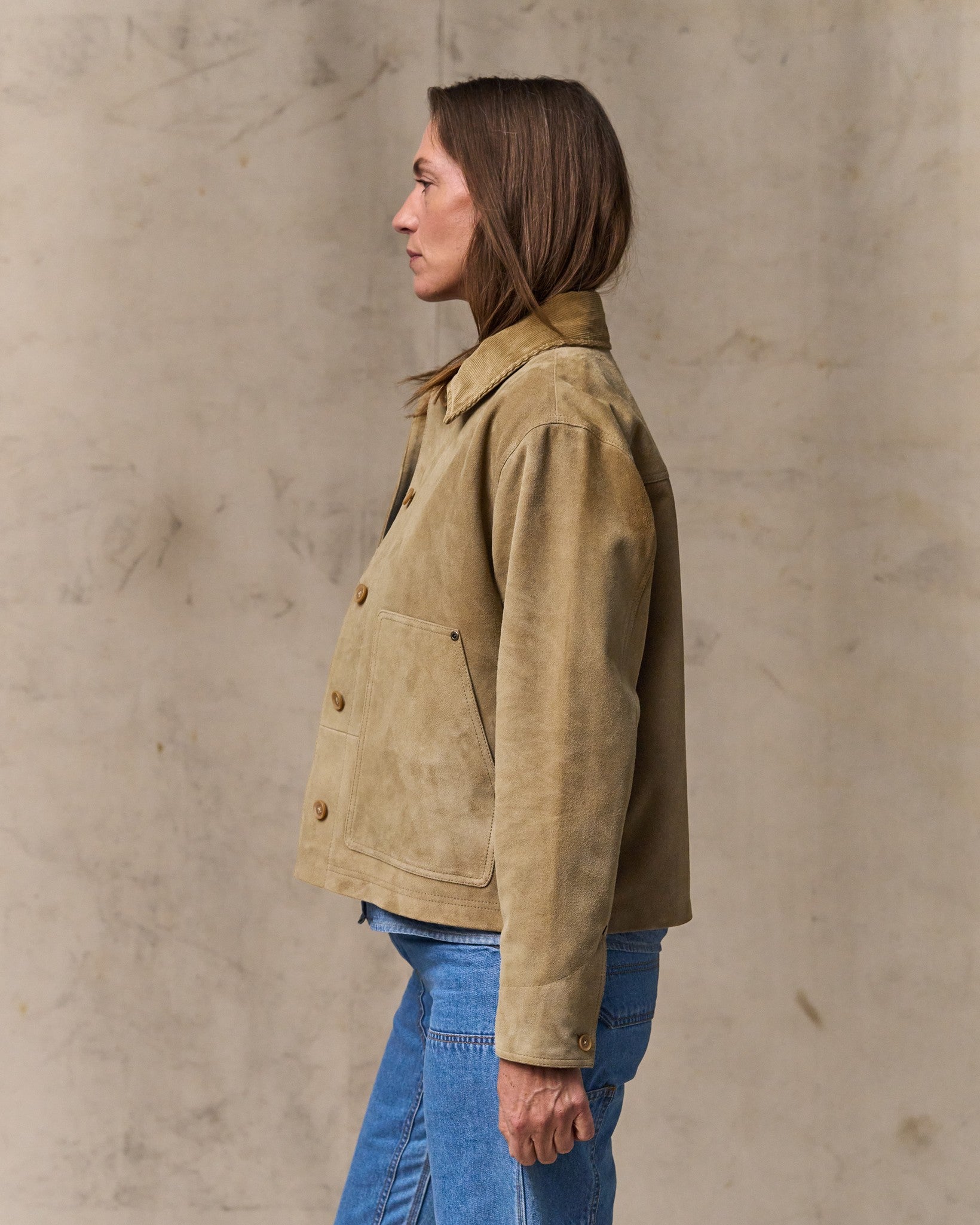 Women's Short Suede Barn Jacket - Light Gray - Image 3