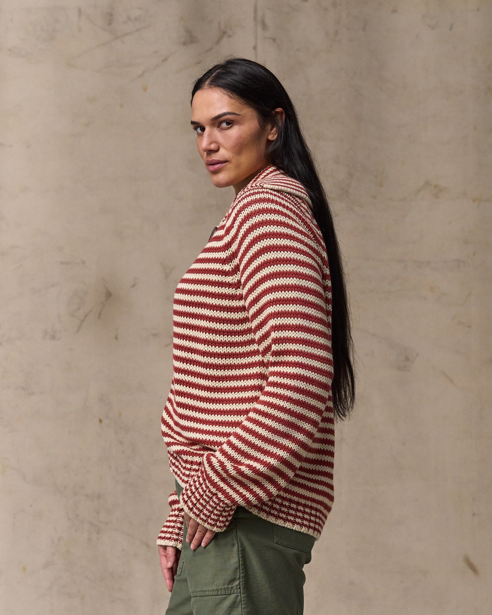 Women's Cotton Full-zip Cardigan - Brick / Sand Stripe - Image 3