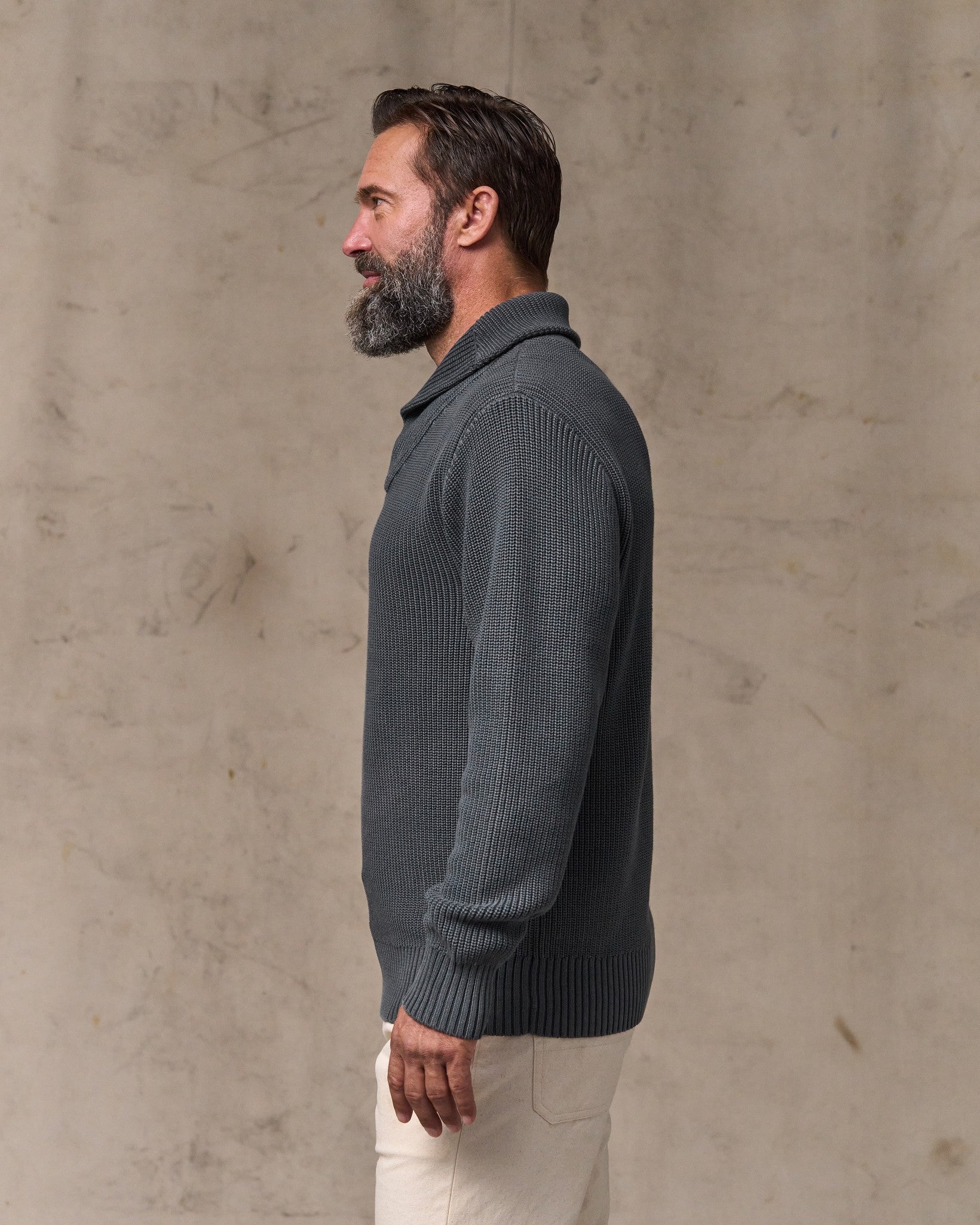 Vintage Cotton Shawl Neck Sweater - Charcoal - Image 3
